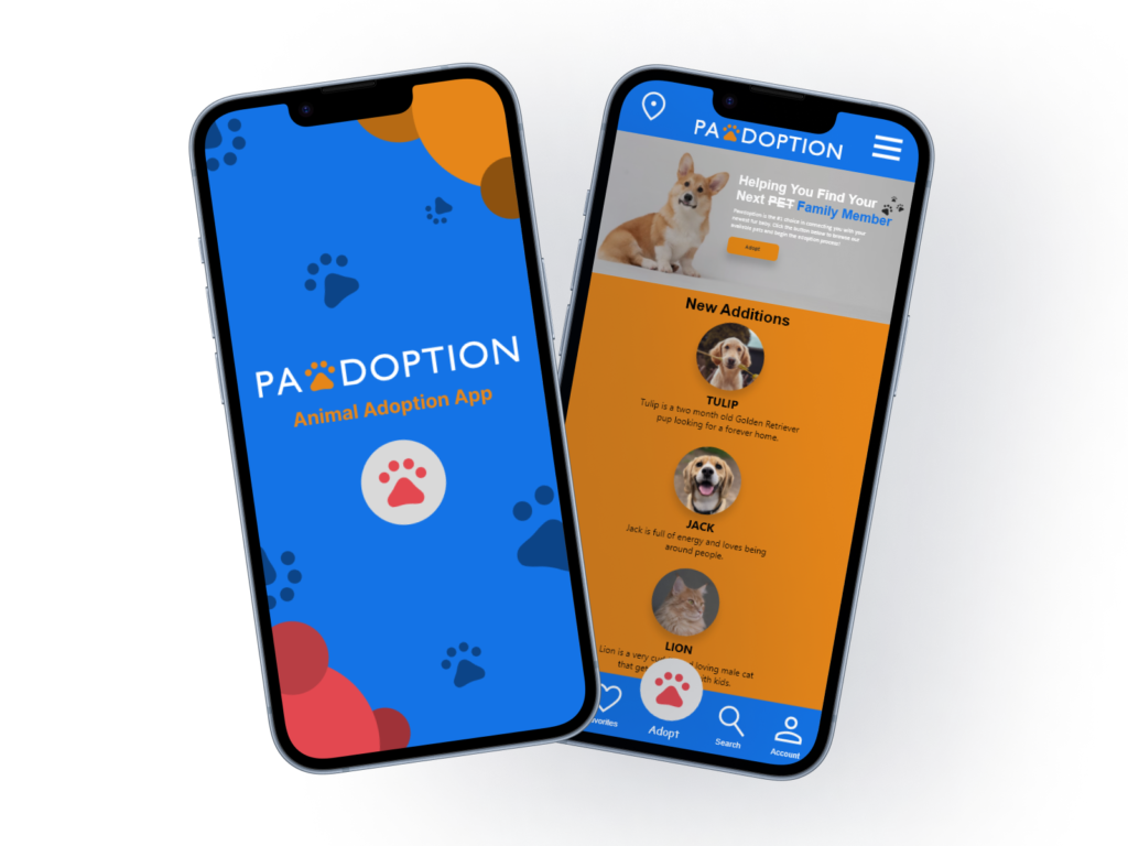 Image of two phones showing mockups of the Pawdoption app.