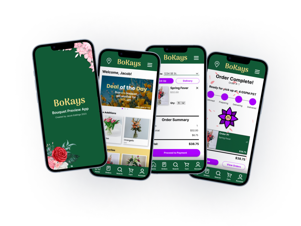 Mockup of four mobile phones showing a splash screen and three other screens for the BoKays app.