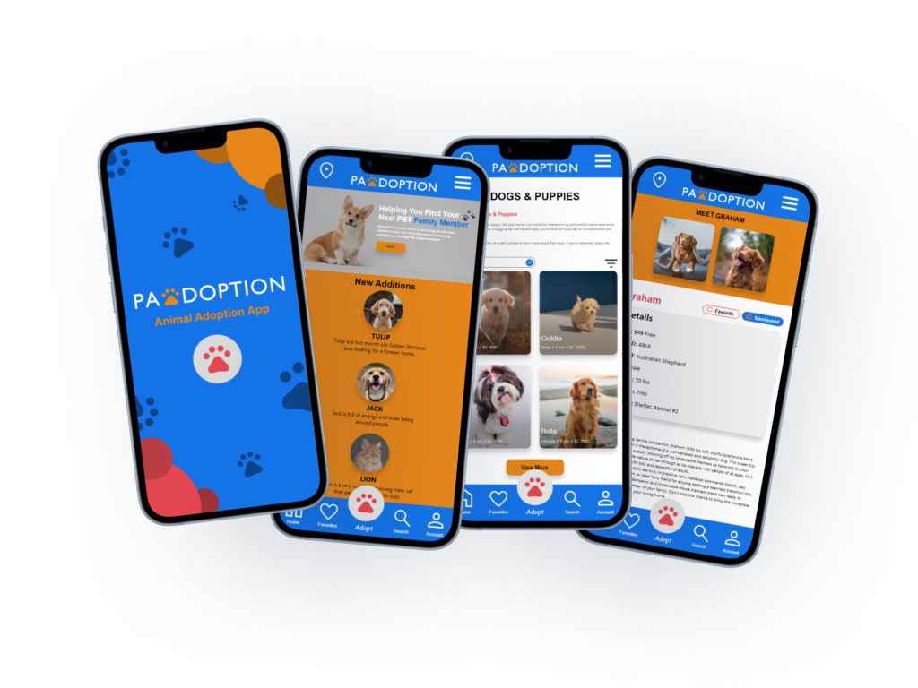Mockup of four mobile phones showing a splash screen and three other screens for the Pawdoption app.