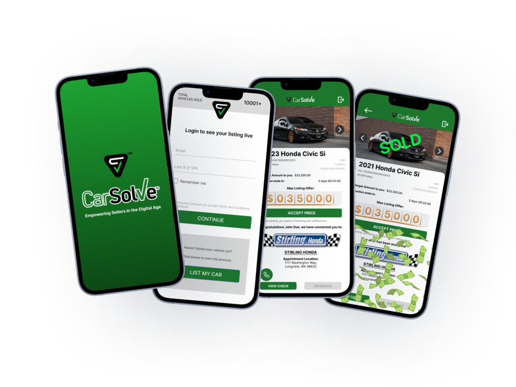 Mockup of four mobile phones showing a splash screen and three other screens for CarSolve.