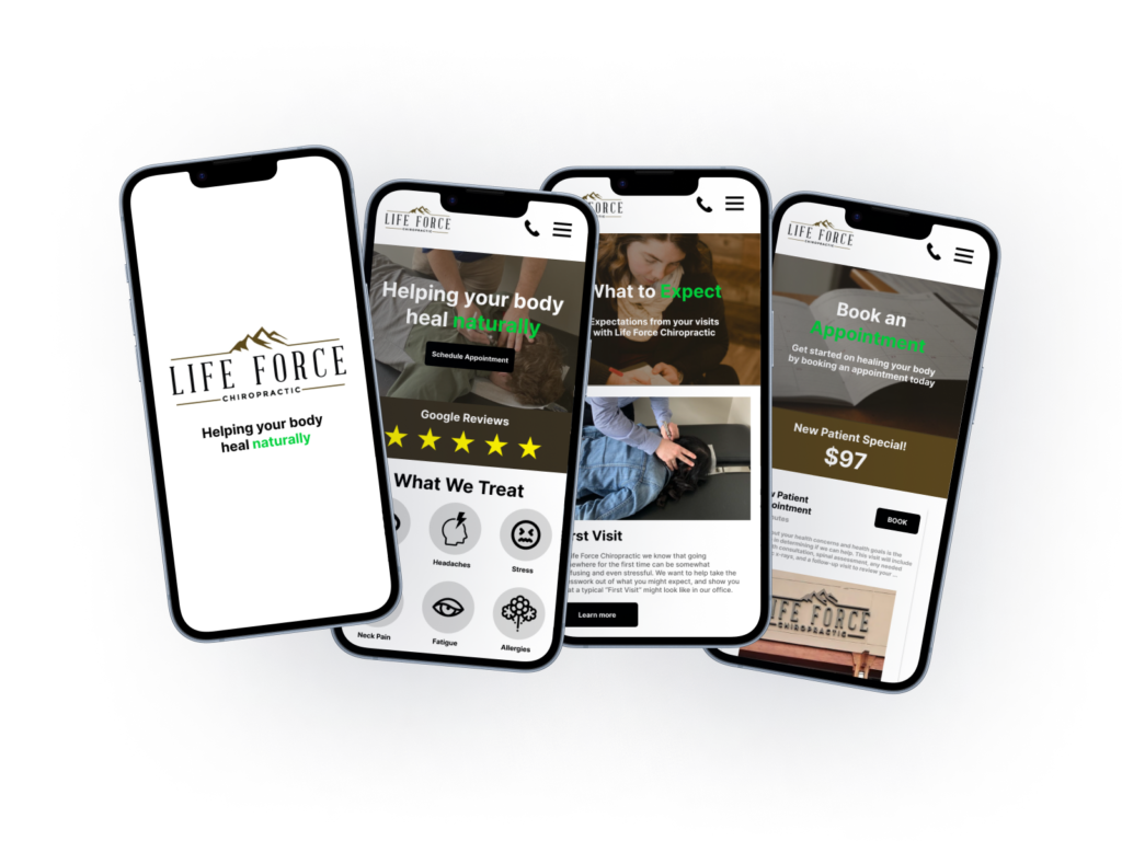 Mockup of four mobile phones showing a splash screen and three other screens for Life Force Chiropractic.