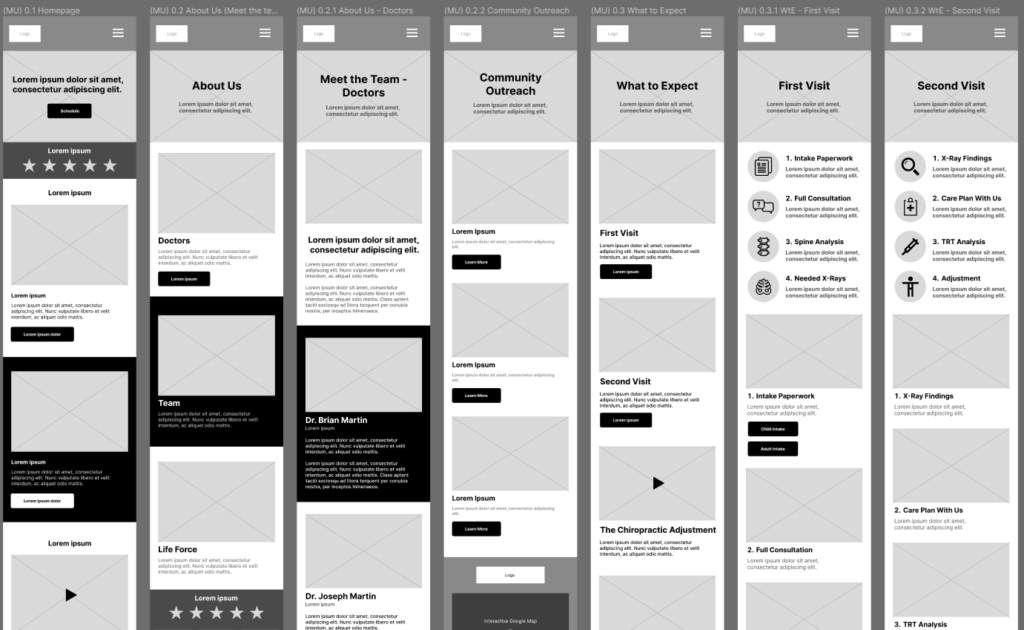 Mobile low-fi wireframes for Life Force Chiropractic created in Figma.
