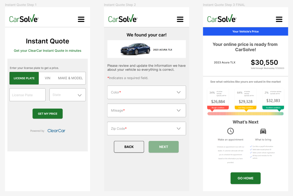 Mockups of CarSolve's Instant Quote process.
