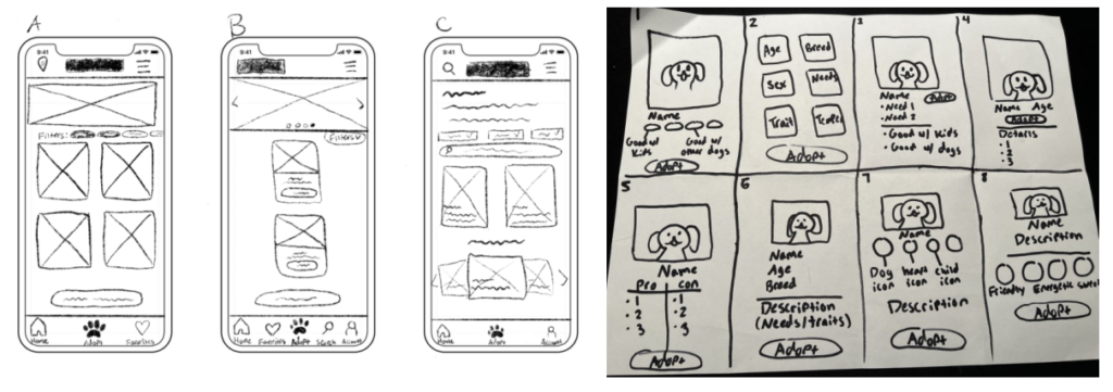 Image of a paper wireframe for the Pawdoption app that shows multiple phone screens with different homepage variations.