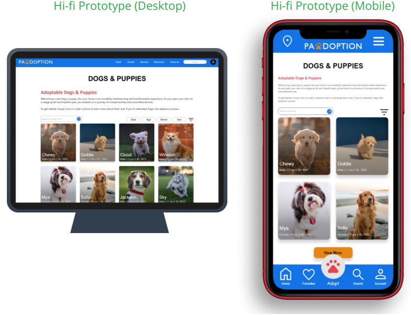 Image of a desktop screen and a mobile screen showing a responsive design for the Pawdoption app.